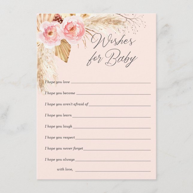 Carte Conseil Pampas fleurie boho rose souhaits pour bébé fille (Devant)