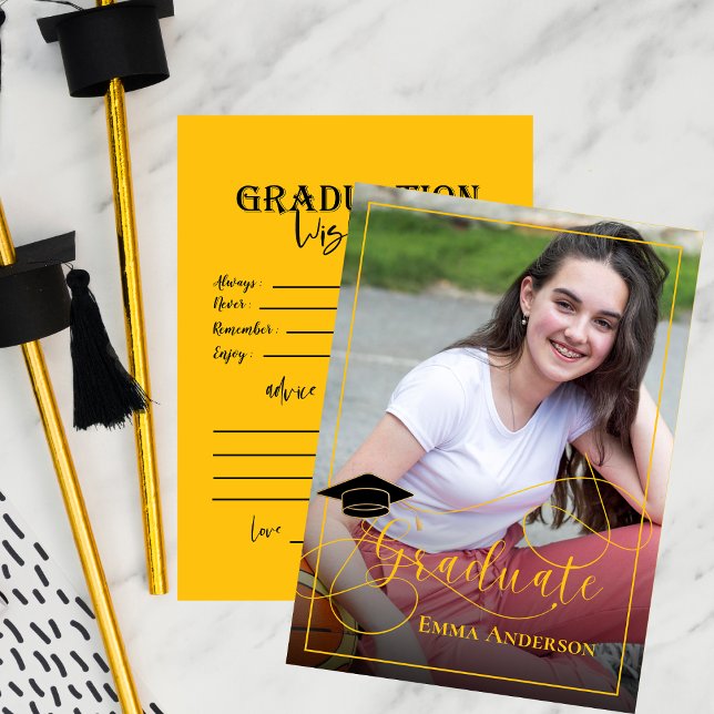 Carte Conseil Photo de fin d'études noir et jaune 2025 Graduatio (Graduate Photo Black and Yellow 2025 Graduation Advice Card)