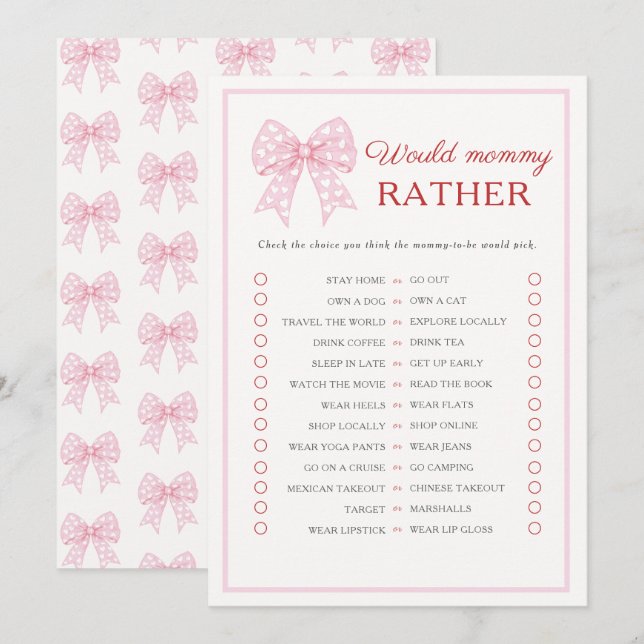 Carte Conseil Pink Bow Chérie Bébé Voudrait Maman Plutôt Jeu (Devant / Derrière)