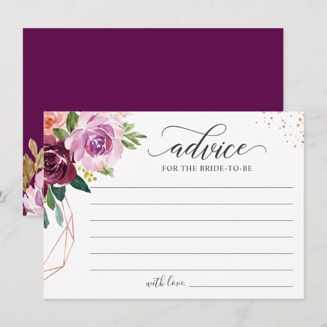 Carte Conseil Purple Blush Rose or Floral Mots élégants de (Devant / Derrière)