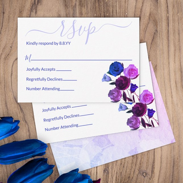Carte Conseil Rose, Royal Blue, Berry Violet Mariage Floral RSVP (berry purple dark blue wine wedding color palette rsvp enclosure cards reply response botanical rose)