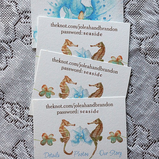 Carte Conseil Seahorses, Orchid Turquoise Beach Wedding Website (Beach wedding URL card with seahorses and turquoise orchid. Seahorses are painted male & female. )