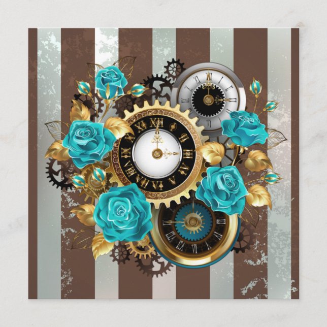 Carte Conseil Steampunk Clock and Turquoise Roses on Striped (Devant)