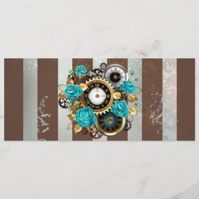 Carte Conseil Steampunk Clock and Turquoise Roses on Striped (Devant)