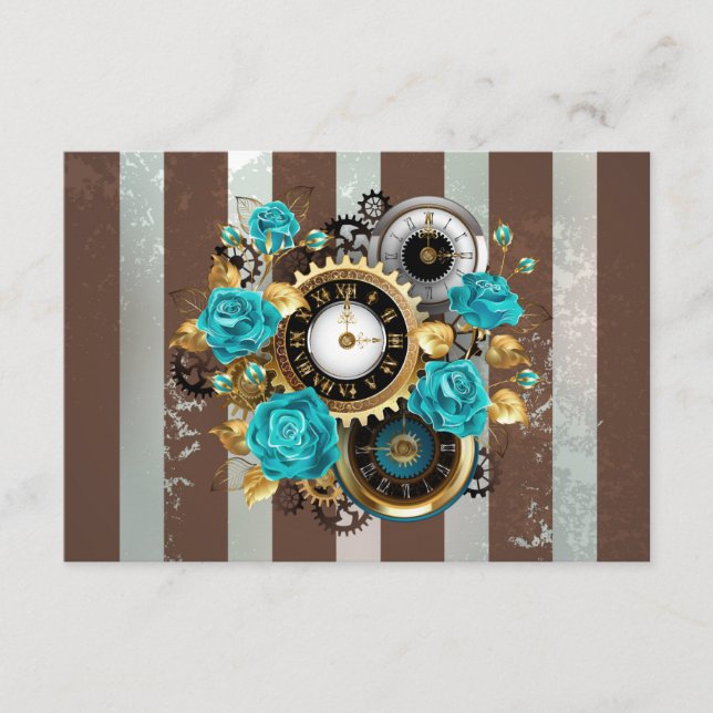 Carte Conseil Steampunk Clock and Turquoise Roses on Striped (Devant)