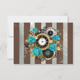 Carte Conseil Steampunk Clock and Turquoise Roses on Striped
