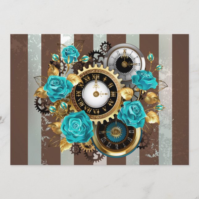 Carte Conseil Steampunk Clock and Turquoise Roses on Striped (Devant)