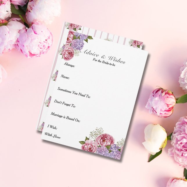 Carte Conseils & Wis Douche nuptiale Peony hydrangea (Advice & Wishes Bridal shower Peony hydrangea)