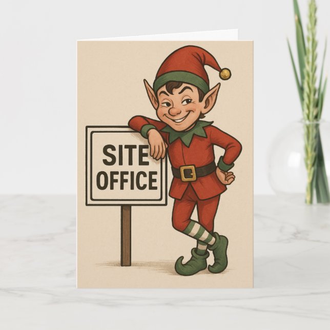 Carte Construction theme Christmas card Elf leaning  (Devant)