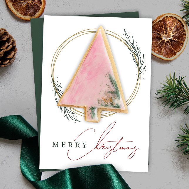 Carte Cookie de Noël Elégant Gold Green Wreath (Display your individual Christmas cookies in style with this elegant gold wreath cookie card design)