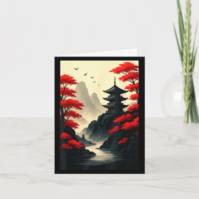 Carte Cool Japanese Pagoda Castle Mountain Landscape Gra (Devant)