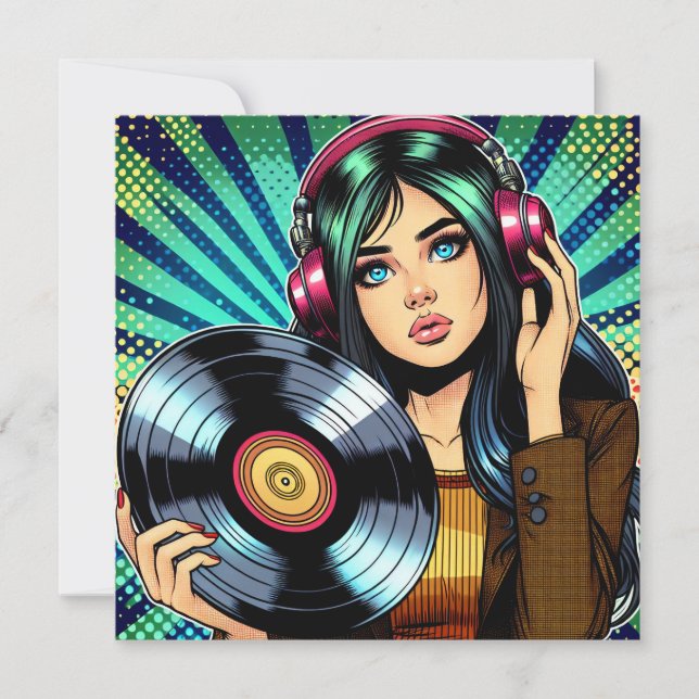 Carte Cool Pop Art Comic Style Girl avec Album de Vinyl (Devant)