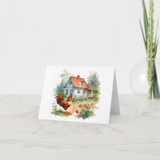 Carte Coq avec vieille ferme et fleurs BLANK (Devant)