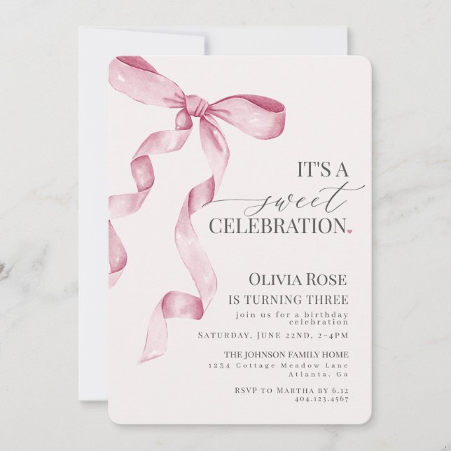 Carte Coquette Rose Bow Girl Anniversaire Fête Invitatio (Devant)