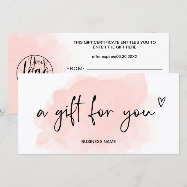 Carte Corail aquarelle logo de coeur certificat cadeau (Devant / Derrière)