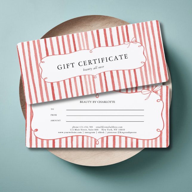 Carte Coral White Stripe Vintage Bow Gift Certificate (Coral White Stripe Vintage Bow Gift Certificate)
