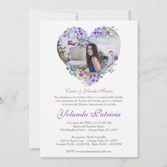 Carte Corazón Floral en Morado con Foto de Quinceañera (Devant)