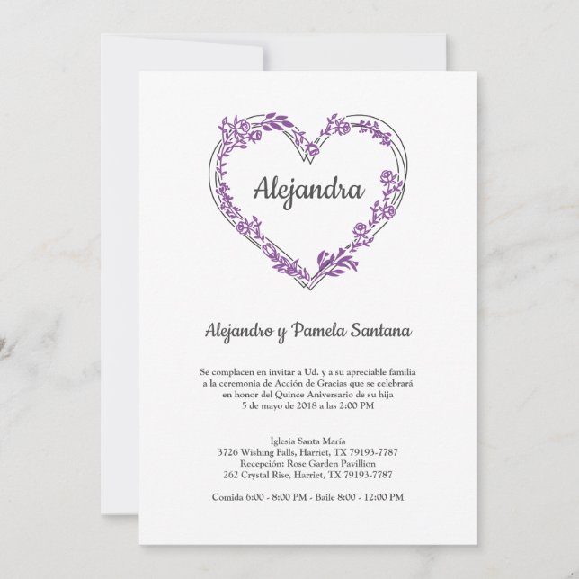 Carte Corazón Floral en Morado para Quinceañera (Devant)