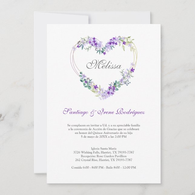 Carte Corazón Floral en Morados para Quinceañera (Devant)