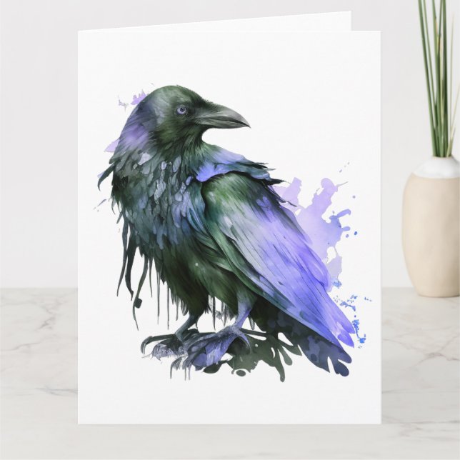 Carte Corbeau aquarelle - Bleu (Devant)