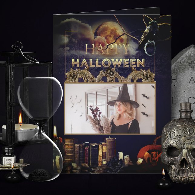 Carte Corbeau gothique éffrayant En Pleine lune Hallowee (spooky adult gothic folded halloween cards with full moon and pumpkin add your photo)