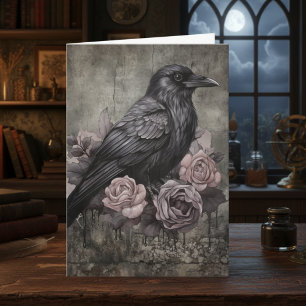 Carte Corbeau gothique floral rose Académie sombre