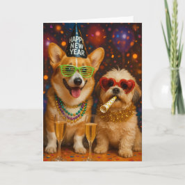 Carte Corgi and Shitzu Pups Celebrating New Years Card