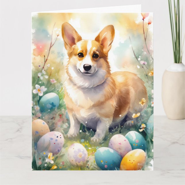 Carte Corgi avec les oeufs de Pâques (Devant)