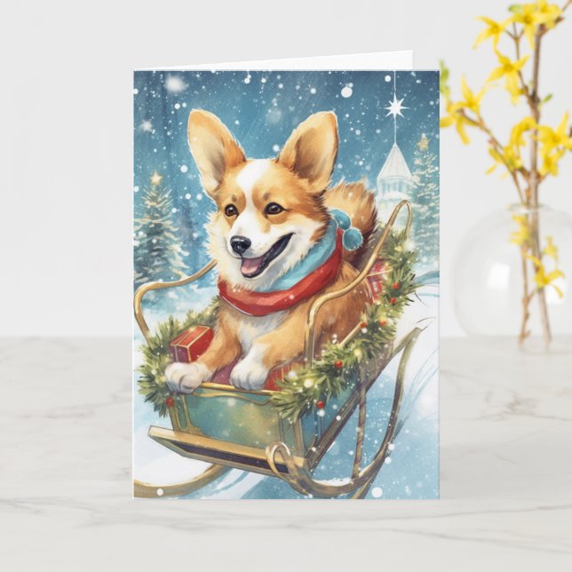 Carte Corgi Christmas - Monter une traînée de présences (Fleur jaune)