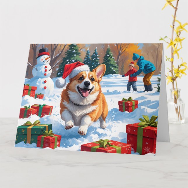 Carte Corgi coule en neige avec Casquette de Noël (Fleur jaune)