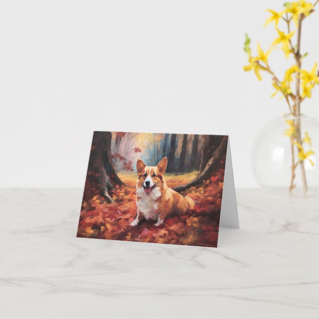 Carte Corgi dans les feuilles d'automne automne automne  (Fleur jaune)