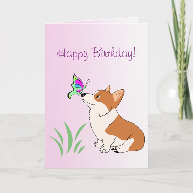 Carte Corgi de joyeux anniversaire avec le papillon (Devant)