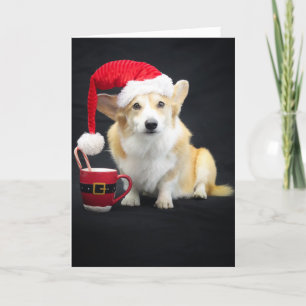 Carte Corgi de Noël en chapeau avec tasse et canne à bon