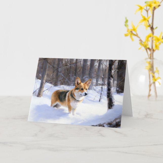 Carte Corgi laisse neiger Noël (Fleur jaune)