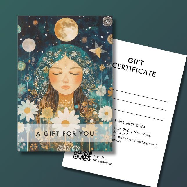 Carte Cosmic Girl Boho Moon QR Code Gift Certificate (Cosmic Girl Boho Moon QR Code Salon Gift Certificate Green & Gold)