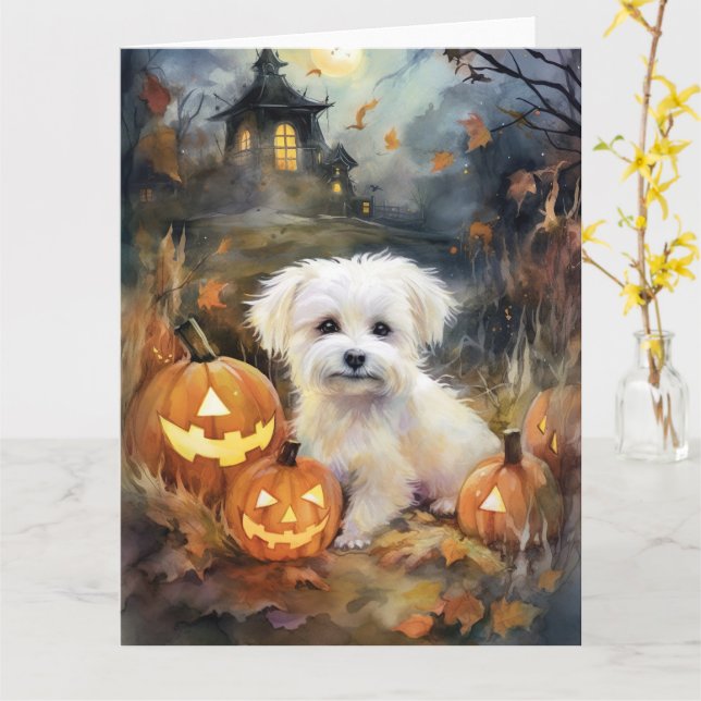 Carte Coton De Tulear Halloween avec citrouilles épouvan (Fleur jaune)
