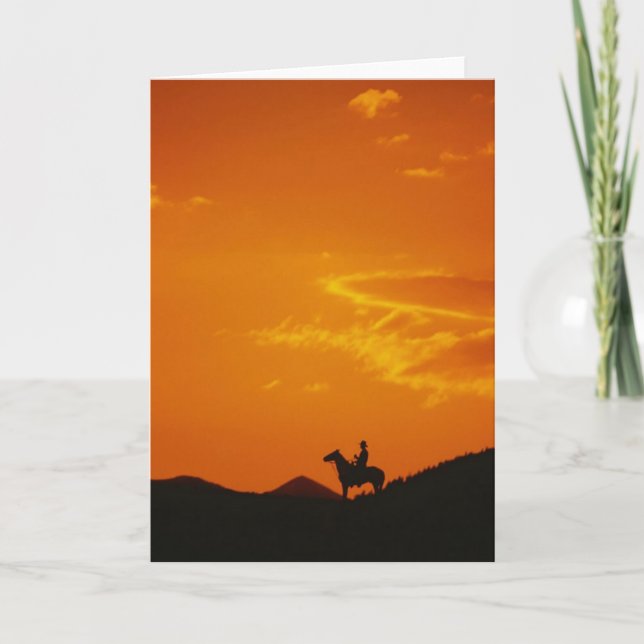 Carte Coucher de soleil orange avec silhouette Cowboy (Devant)