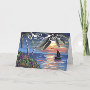 Carte Coucher du soleil de palmiers peignant je t'aime