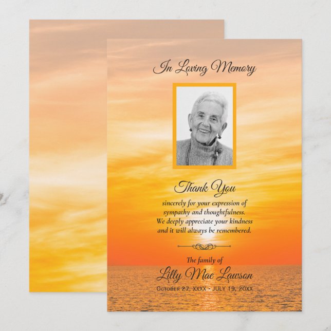 Carte Coucher du soleil sur l'eau funéraire Memorial Mer (Devant / Derrière)