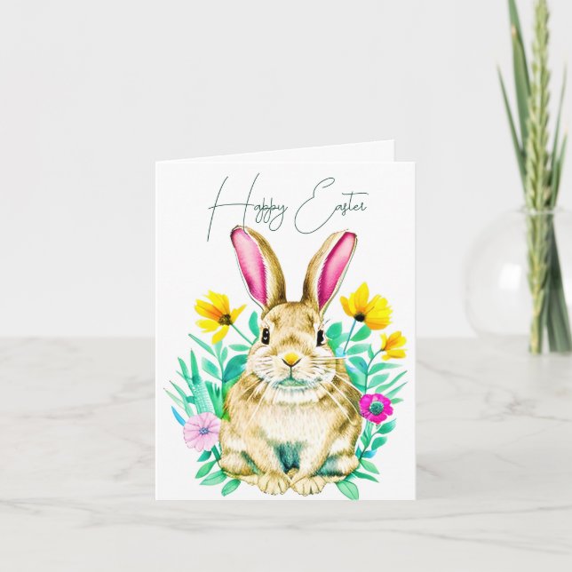 Carte Couleur d'eau lapin et fleurs de printemps coutume (Devant)
