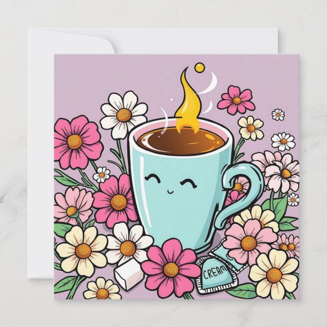Carte Coupe Whimsical de Café Chaud et Fleurs (Devant)