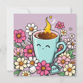 Carte Coupe Whimsical de Café Chaud et Fleurs