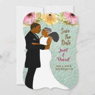 Carte Couple afro-américain Floral bleu Sauvez la date