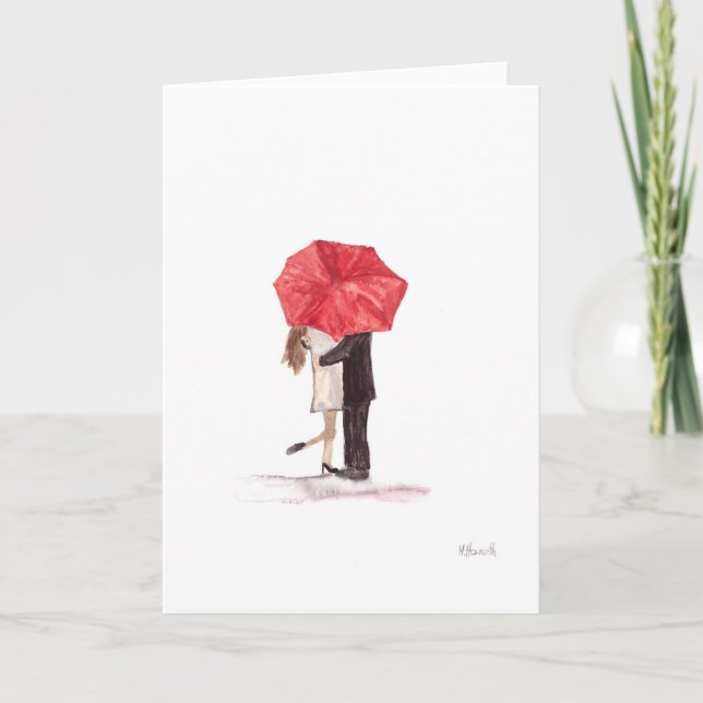Carte Couple amoureux sous parapluie rouge romantique ru (Devant)