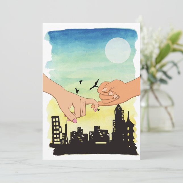 Carte Couple aquarelle promet paysage urbain, petit doig (Debout devant)