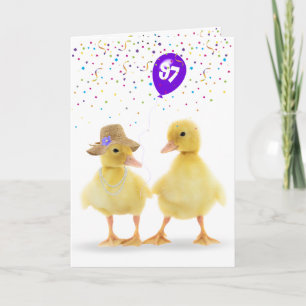 Carte Couple de canard mou avec ballon 97e anniversaire