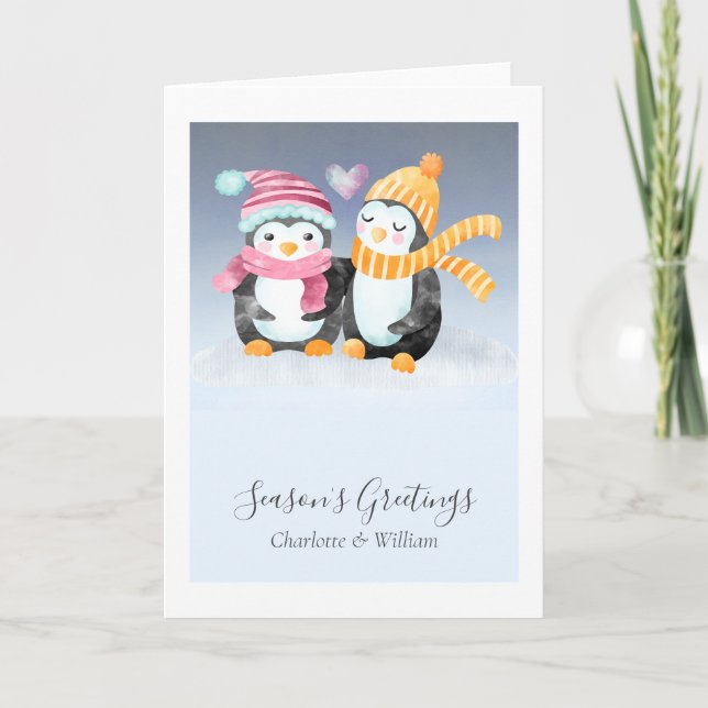 Carte Couple de manchots mignons avec chapeaux assis dan (Devant)