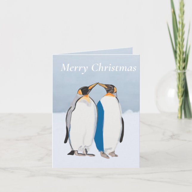 Carte Couple de manchots royaux s'embrassant pour Noël,  (Devant)