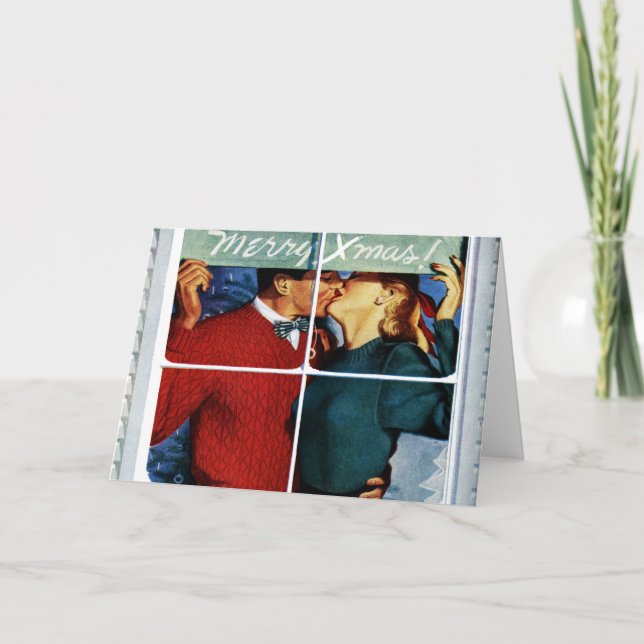 Carte Couple de Noël Retro Kissing (Devant)