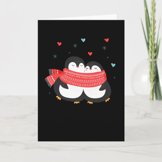 Carte Couple de pingouins mignons Noël Hiver Amour (Devant)